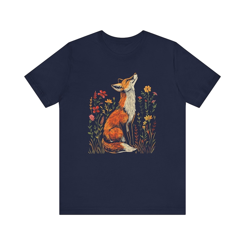 Wildflower Fox T-Shirt: Cottagecore Forestcore Vintage Tee Navy