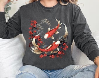 Camisa de manga larga con diseño de pez koi y yang / Arte japonés vintage, Comfort Colors®