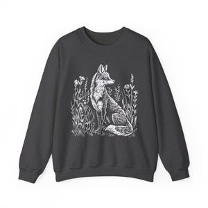 Sudadera con estampado de zorro, sudadera folclórica, suéter para amantes de la naturaleza, estilo boho, estampado vintage en linóleo, suéter Forestcore imagen 8