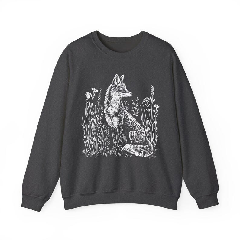 Sudadera con estampado de zorro, sudadera folclórica, suéter para amantes de la naturaleza, estilo boho, estampado vintage en linóleo, suéter Forestcore imagen 8