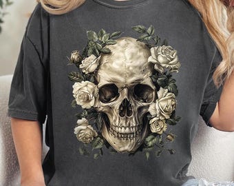 Floral Skull Graphic Tee: Vintage Roses, Dark Academia Shirt