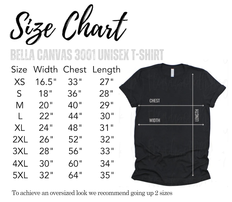Puede incluir: Tabla de tallas para una camiseta unisex Bella Canvas 3001. La tabla incluye medidas de ancho, pecho y largo en pulgadas, desde XS hasta 5XL. El texto recomienda subir dos tallas para un look oversize.