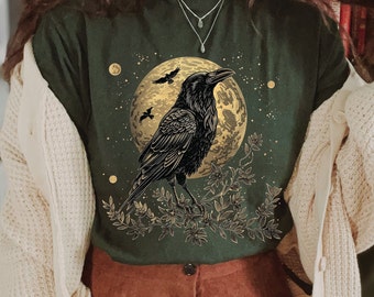 Raven Moon Graphic Shirt: Gothic Celestial Dark Academia Tee