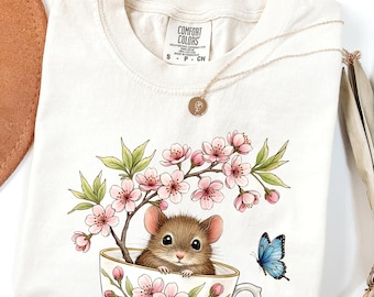 Cottagecore Mouse T-shirt, Vintage Sakura Teacup Fairycore Kawaii Aesthetic