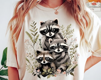 Cute Raccoons Comfort Colors Shirt, Raccoon Mom Shirt, Cottagecore, Flowers