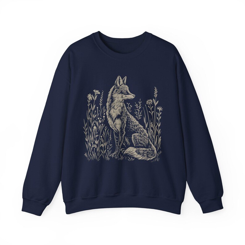 Sudadera con estampado de zorro, sudadera folclórica, suéter para amantes de la naturaleza, estilo boho, estampado vintage en linóleo, suéter Forestcore imagen 9