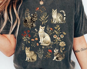Cottagecore Cats Shirt, Floral Vintage Aesthetic, Painted Kittens, Wildflower, Cat Person Gift, Whimsical, Comfort Colors®