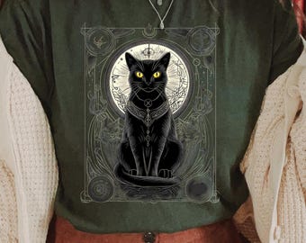 Mystical Cat Tarot Shirt: Celestial Moon Phase Goth Tee
