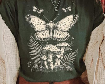 Moth and Mushroom Graphic Shirt: Vintage Goblincore Cottagecore