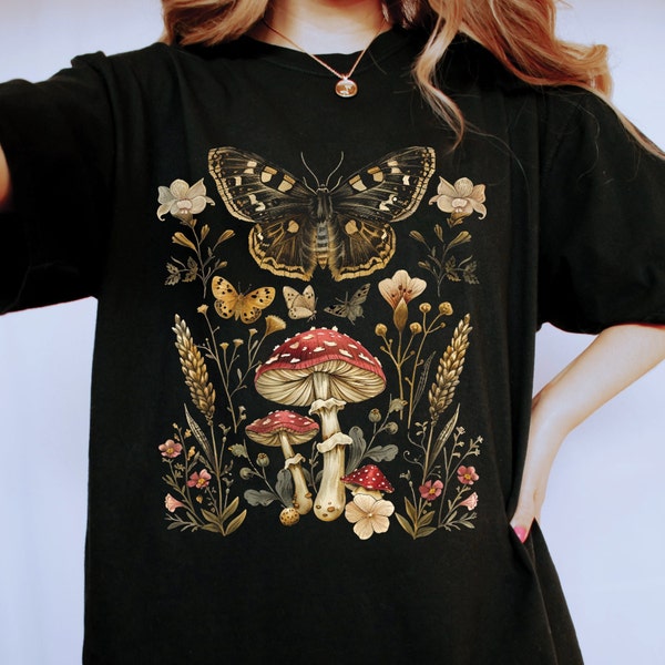 Whimsigoth Moth T-Shirt, Vintage Shirt, Cottagecore Aesthetic, Floral, Flowers, Butterfly Shirt, Insects, Fairycore, Comfort Colors®