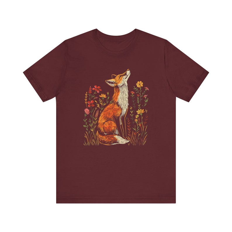 Wildflower Fox T-Shirt: Cottagecore Forestcore Vintage Tee Maroon