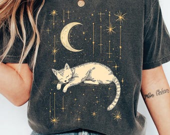 Celestial Cat T-Shirt: Witchy Moon & Stars, Vintage Style