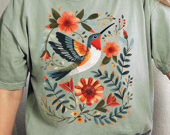 Hummingbird & Flowers Shirt: Cottagecore Folk Art Comfort Colors® Tee