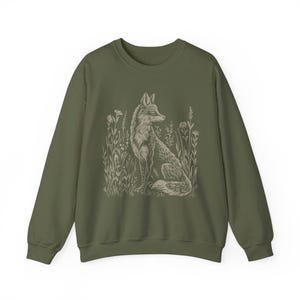 Sudadera con estampado de zorro, sudadera folclórica, suéter para amantes de la naturaleza, estilo boho, estampado vintage en linóleo, suéter Forestcore imagen 7