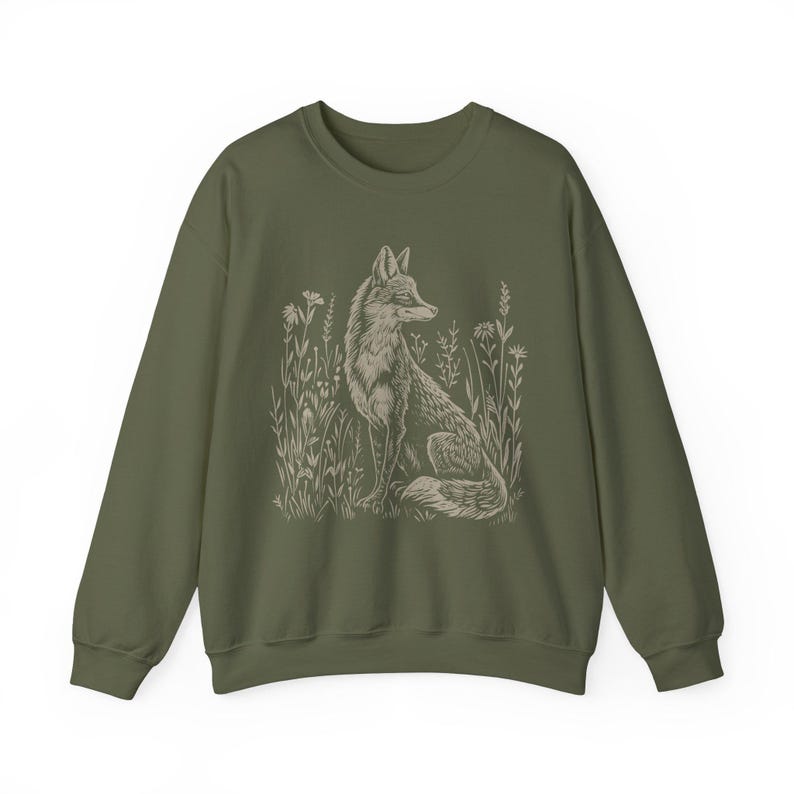 Sudadera con estampado de zorro, sudadera folclórica, suéter para amantes de la naturaleza, estilo boho, estampado vintage en linóleo, suéter Forestcore imagen 7