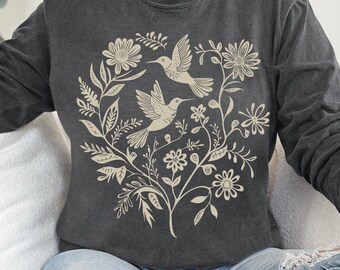 Birds and Flowers Long Sleeve Shirt: Boho Folk Art Comfort Colors®