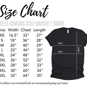 K&ouml;nnte beinhalten: Gr&ouml;&szlig;entabelle f&uuml;r ein Bella Canvas 3001 Unisex-T-Shirt. Die Tabelle zeigt die Ma&szlig;e f&uuml;r Breite, Brustumfang und L&auml;nge in Zoll f&uuml;r die Gr&ouml;&szlig;en XS bis 5XL.