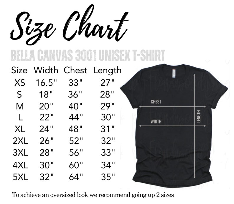 K&ouml;nnte beinhalten: Gr&ouml;&szlig;entabelle f&uuml;r ein Bella Canvas 3001 Unisex-T-Shirt. Die Tabelle zeigt die Ma&szlig;e f&uuml;r Breite, Brustumfang und L&auml;nge in Zoll f&uuml;r die Gr&ouml;&szlig;en XS bis 5XL.