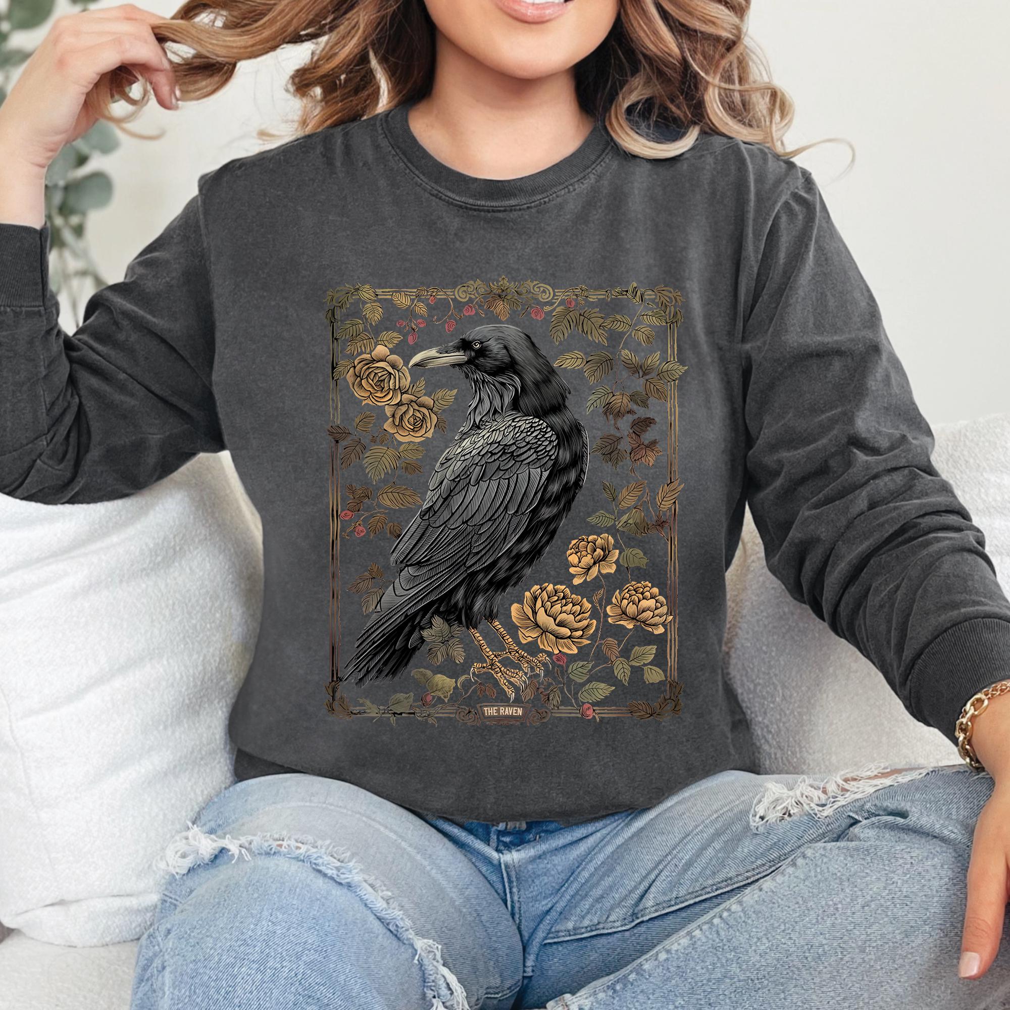 Vintage Raven Tarot Long Sleeve T-Shirt: Goblincore Witchy Apparel