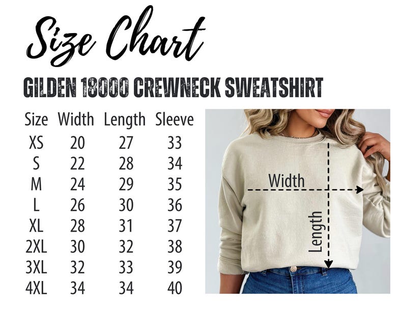 Puede incluir: Tabla de tallas para sudaderas con cuello redondo Gildan 18000. La tabla muestra el ancho, la longitud y la longitud de la manga en pulgadas para las tallas XS a 4XL.