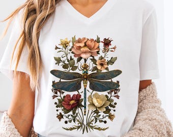 Dragonfly V-neck Shirt, Boho Floral, Nature Lover Gift, Cottagecore Shirt