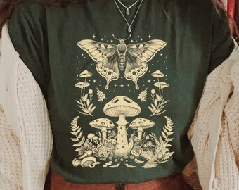 Moth and Mushroom T-Shirt: Cottagecore Forest Graphic Tee