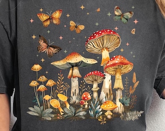 Butterfly Mushroom Shirt, Boho T-Shirt, Cottagecore Vintage Aesthetic, Celestial, Nature Lover Gift For Her, Fairycore Shirt, Light Academia