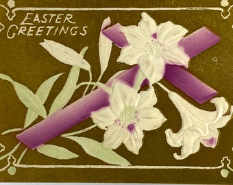 Nostalgic very old Easter postcard. "Easter Greetings". Embossed map