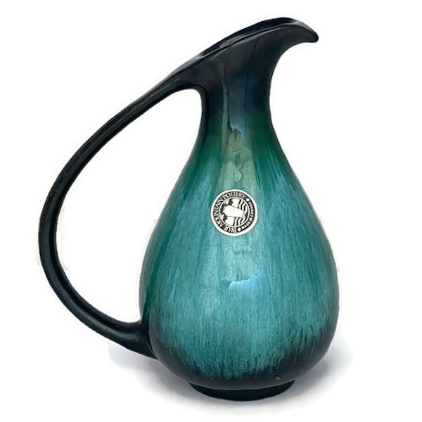 Vintage Blue Mountain Pottery, Teal Blue Green Ewer Pitcher, Canadian Pottery, Retro Decor, Red Clay Drip Glaze Pottery