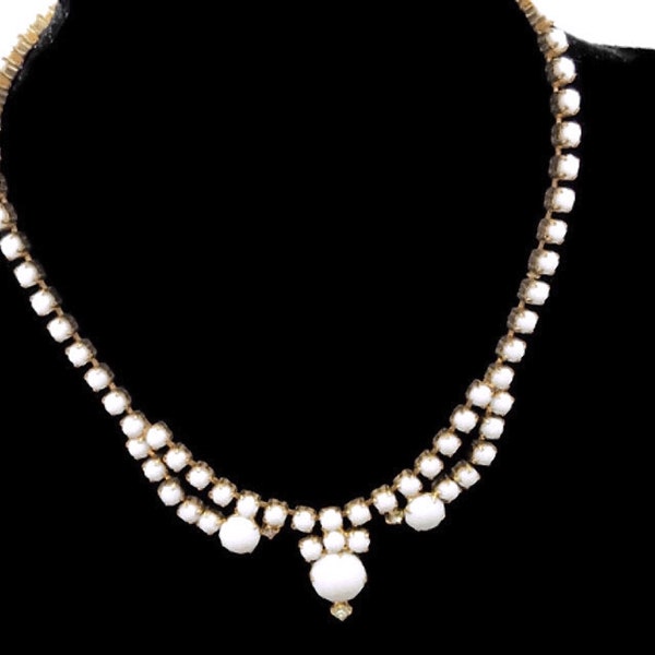 Vintage 'Continental Jewellery Company' 14" Milk Glass and Rhinestone Gold-Tone Choker Necklace