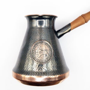 Cafetière arménienne (8 tasses, 590 ml, 20 fl OZ) Jazzve Copper Jazva Arménie et symboles Erebuni, manche en bois
