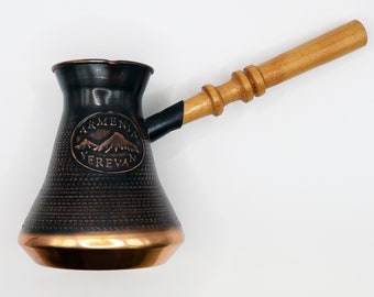 Mount Ararat Armenian Copper Jazva Jazzve - Handmade with Wooden Handle (7 Cups, 17 fl oz, 490 ml) - Authentic Armenian Coffee Maker Pot