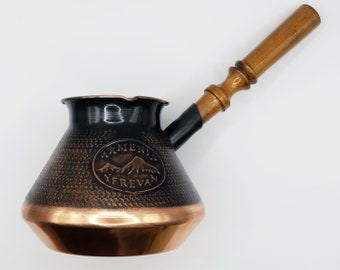 Mount Ararat Armenian Copper Jazva Jazzve - Handmade with Wooden Handle (10 Cups, 24 fl oz, 720 ml) - Authentic Armenian Coffee Maker Pot