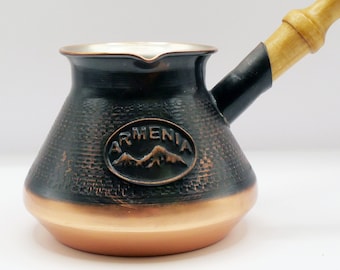 Mount Ararat Armenian Copper Jazva Jazzve - Handmade with Wooden Handle (4 Cups, 9 fl oz, 270 ml) - Authentic Armenian Coffee Maker Pot