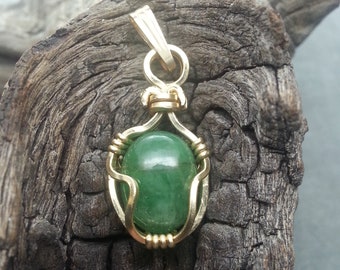 Emerald Wire Wrapped Gemstone Pendant, Natural Genuine Green Emerald Cabochon Wrapped with 14kt Gold Filled Wire