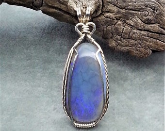 Opal Gemstone Pendant, Handmade  Black Blue Opal Cabochon Wrapped in 925 Sterling Silver Wire