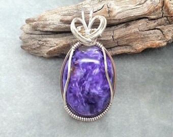 Charoite Wire Wrap Gemstone Pendant, a Handmade Purple Charoite Cabochon Wrapped with 925 Sterling Silver Wire