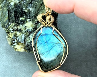 Labradorite Gemstone Pendant, Handmade in Canada Cabochon Wrapped with 14kt Gold Filled Wire