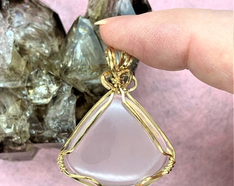 Lavender Rose Quartz Wire Wrap Gemstone Necklace, Handmade Gem Quality Lavender Rose Quartz Cabochon Wrapped with 14kt Gold Filled Wire