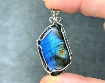 Labradorite Canadian Gemstone Pendant, Handmade in Canada Multi Color Cabochon Wrapped in 925 Sterling Silver Wire