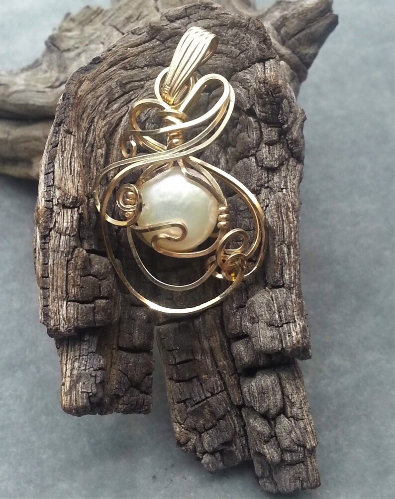 set in 14kt Gold Filled wire. Fresh Water Pearl Wire Wrapped Gemstone Pendant Handmade Button Pearl Pendant