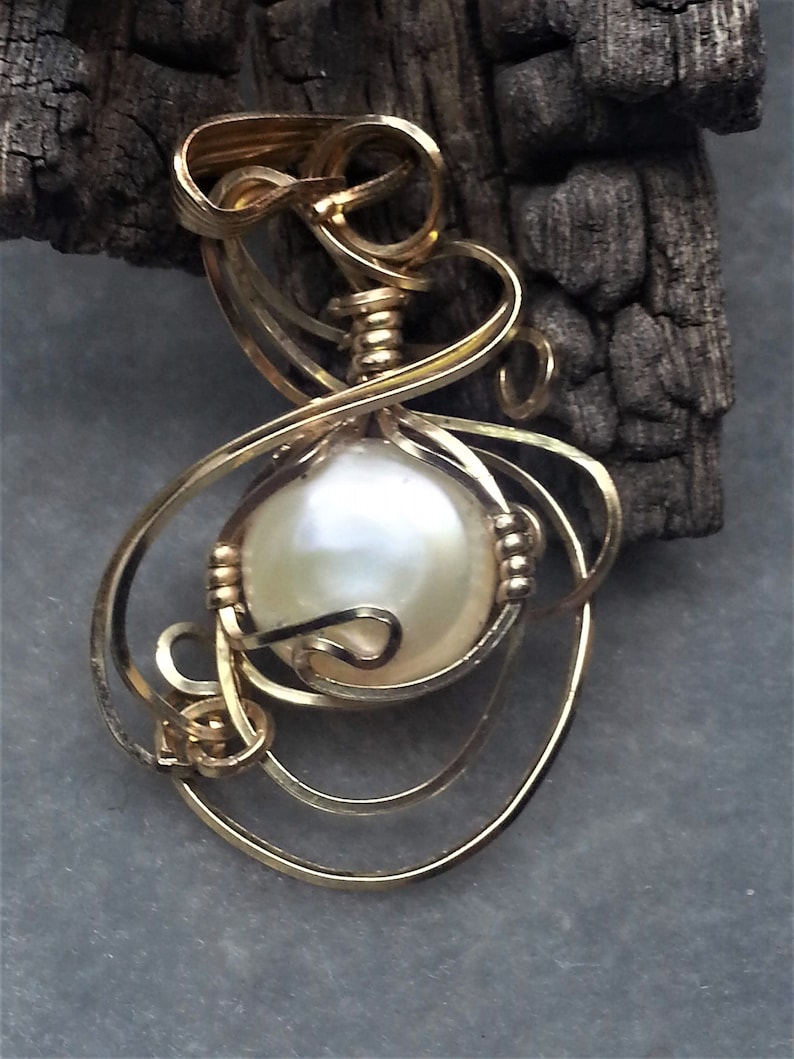 set in 14kt Gold Filled wire. Fresh Water Pearl Wire Wrapped Gemstone Pendant Handmade Button Pearl Pendant