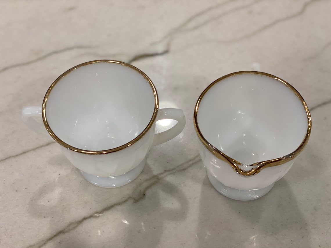 Vintage Fire King Gold Rimmed Milk Glass Sugar and Creamer Etsy