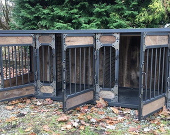 LORELEI STEEN Extra Large Rustic Industrial Dog Kennel, Dog Crate - Riveted Steel Dog Kennel with Reclaimed Barn Wood 0181