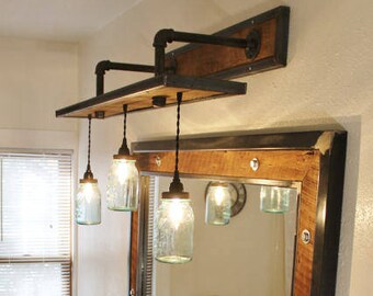 Rustic Industrial Light - Steel and Barn Wood Vanity Light (Vintage Jar Shades) w/Bulbs #L1803