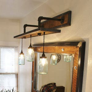 Rustic Industrial Light - Steel and Barn Wood Vanity Light (Vintage Jar Shades) w/Bulbs #L1803