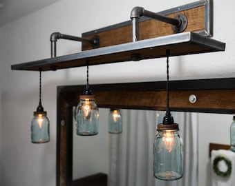 Rustic Industrial Light - Steel and Barn Wood Vanity Light (Vintage Jar Shades) w/bulbs #L1803