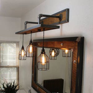 Rustic Industrial Light - Steel and Barn Wood Vanity Light (Cage Shade) w/Bulbs #L1303