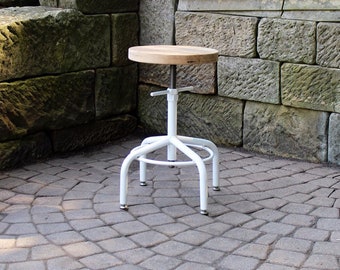 May include: White metal adjustable stool with a round wooden seat. The stool is sitting on a gray stone patio.