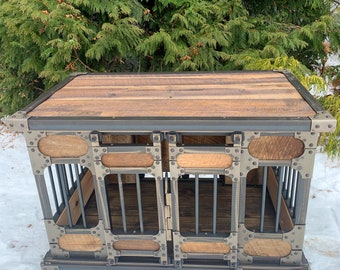 Rustic Industrial Dog Kennel, Dog Crate Double Barn Door - Riveted Steel Dog Kennel with Reclaimed Barn Wood #822636